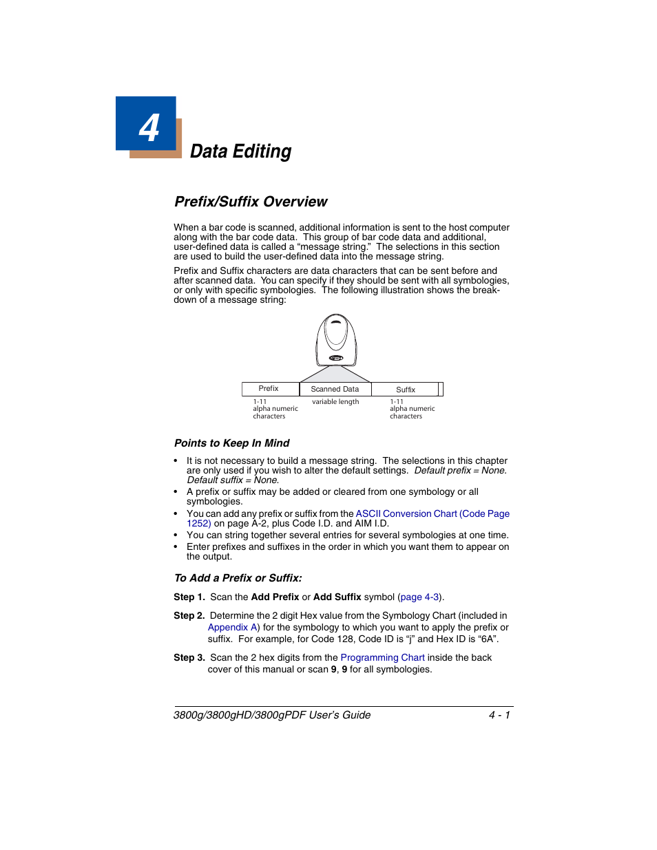 Data editing, Prefix/suffix overview, To add a prefix or suffix | Chapter 4 - data editing, Prefix/suffix overview -1, To add a prefix or suffix: -1 | Honeywell 3800gPDF User Manual | Page 51 / 156