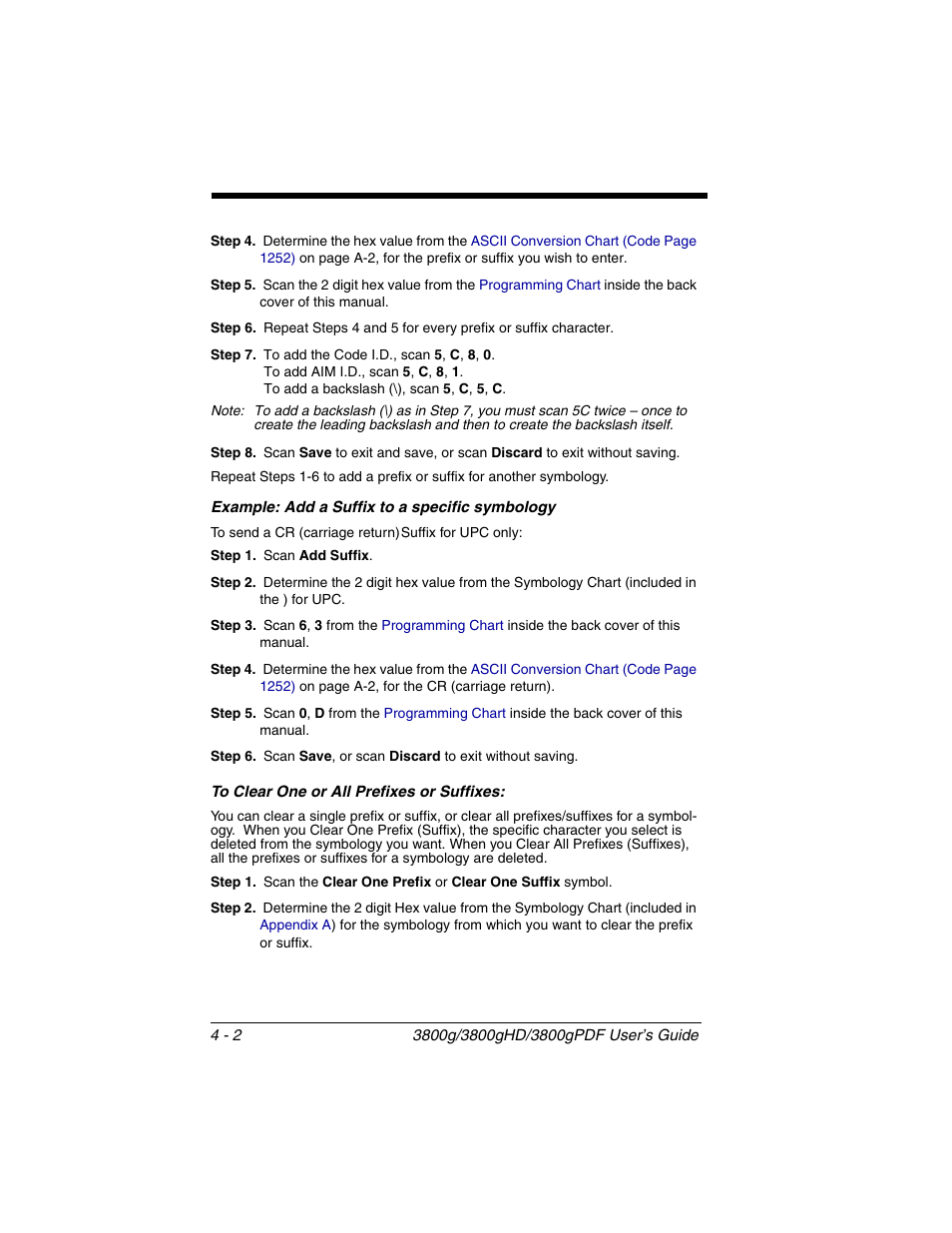 To clear one or all prefixes or suffixes, To clear one or all prefixes or suffixes: -2 | Honeywell 3800gPDF User Manual | Page 52 / 156
