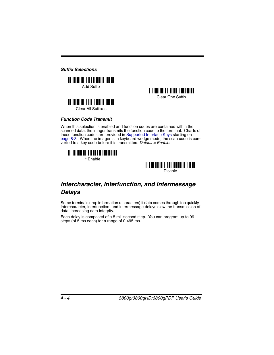 Suffix selections, Function code transmit, Suffix selections -4 function code transmit -4 | Intercharacter, interfunction, and intermessage | Honeywell 3800gPDF User Manual | Page 54 / 156