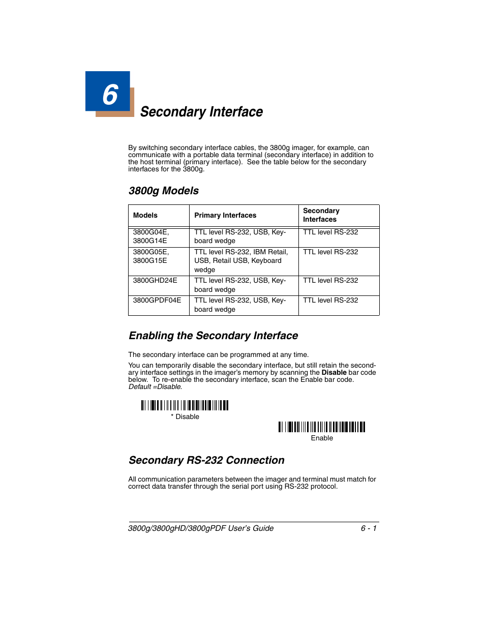 Secondary interface, 3800g models, Enabling the secondary interface | Secondary rs-232 connection, Chapter 6 - secondary interface, 3800g models enabling the secondary interface | Honeywell 3800gPDF User Manual | Page 63 / 156