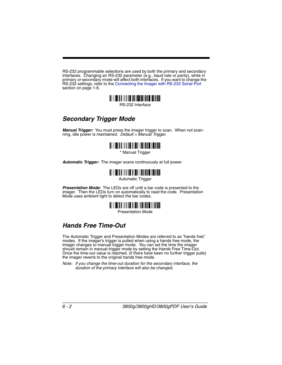 Secondary trigger mode, Hands free time-out, Secondary trigger mode -2 hands free time-out -2 | Honeywell 3800gPDF User Manual | Page 64 / 156