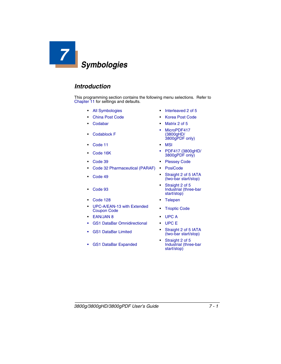 Symbologies, Introduction, Chapter 7 - symbologies | Introduction -1 | Honeywell 3800gPDF User Manual | Page 67 / 156