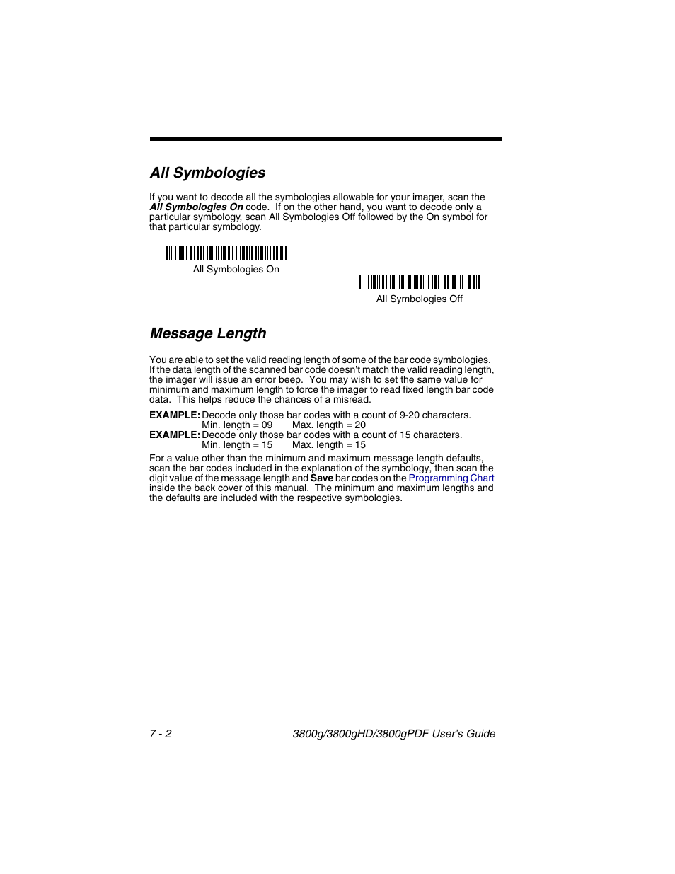 Message length, All symbologies -2 message length -2, All symbologies | Honeywell 3800gPDF User Manual | Page 68 / 156