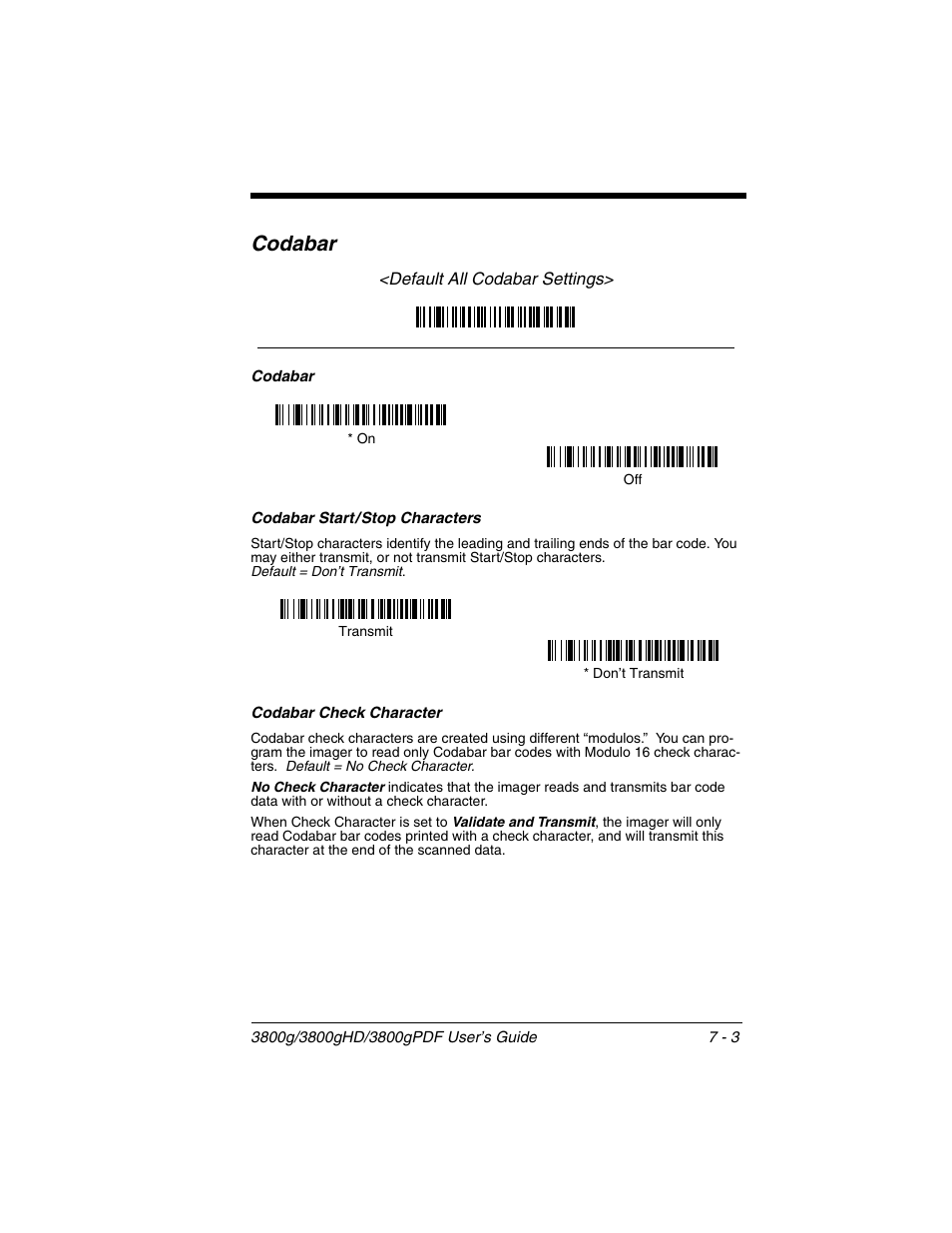 Codabar start / stop characters, Codabar check character, Codabar -3 | Codabar | Honeywell 3800gPDF User Manual | Page 69 / 156