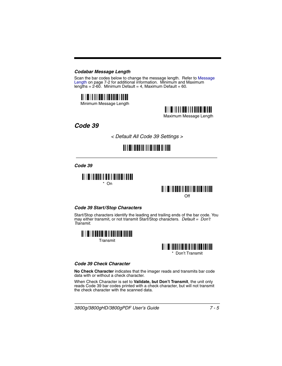 Codabar message length, Code 39 start / stop characters, Code 39 check character | Codabar message length -5, Code 39 -5, Code 39 | Honeywell 3800gPDF User Manual | Page 71 / 156