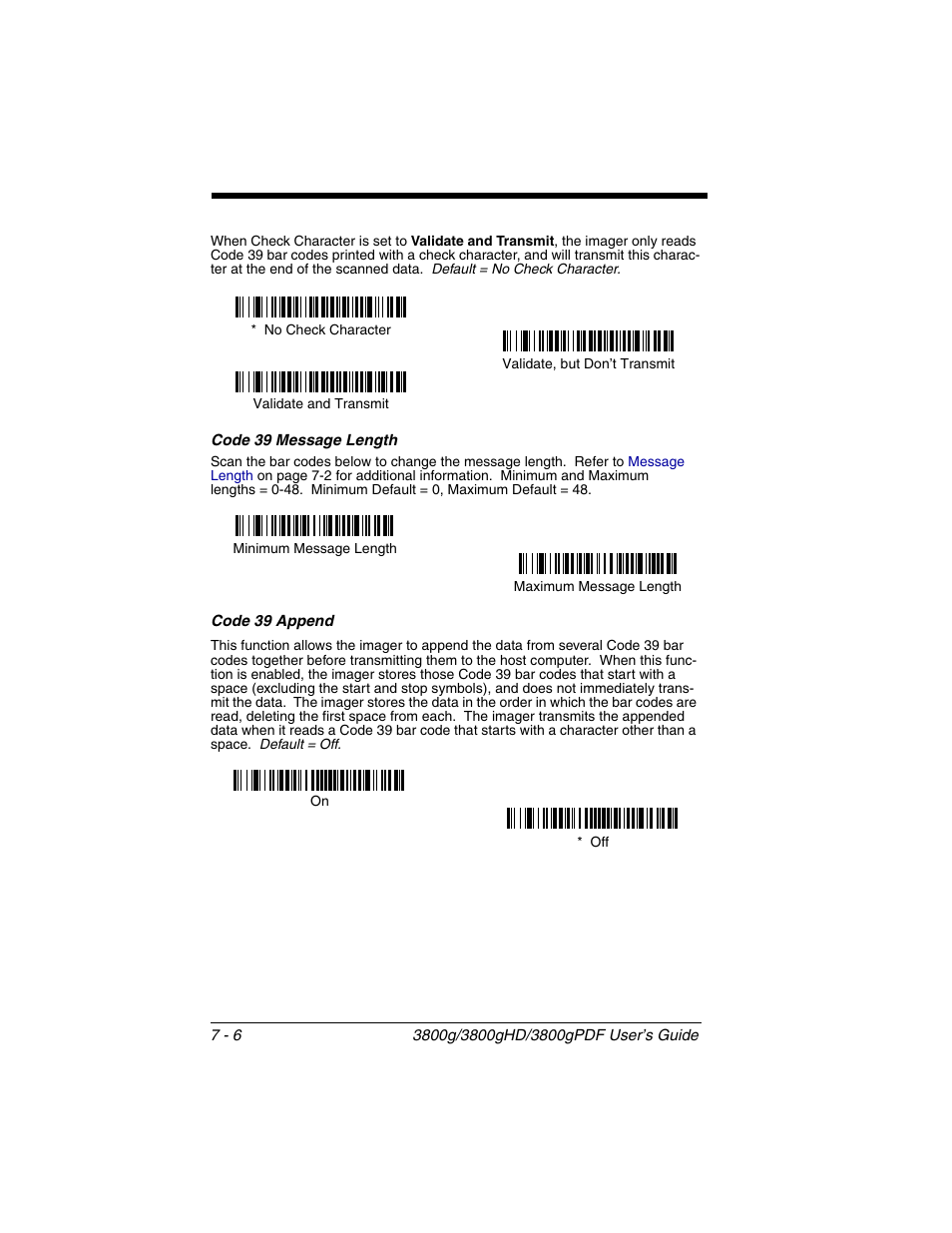 Code 39 message length, Code 39 append, Code 39 message length -6 code 39 append -6 | Honeywell 3800gPDF User Manual | Page 72 / 156