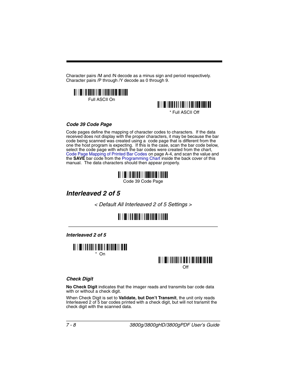 Check digit, Interleaved 2 of 5 -8, Check digit -8 | Interleaved 2 of 5 | Honeywell 3800gPDF User Manual | Page 74 / 156