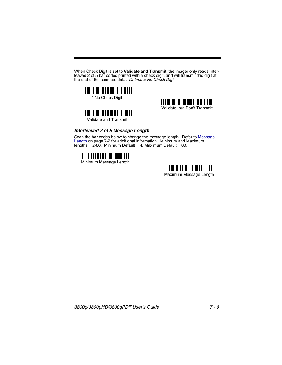 Interleaved 2 of 5 message length, Interleaved 2 of 5 message length -9 | Honeywell 3800gPDF User Manual | Page 75 / 156