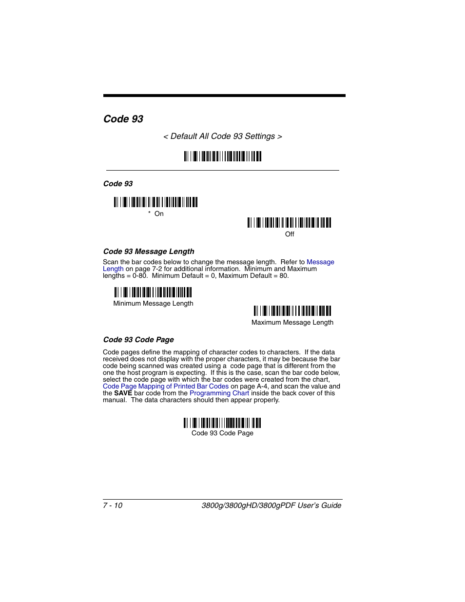 Code 93 message length, Code 93 -10, Code 93 | Honeywell 3800gPDF User Manual | Page 76 / 156