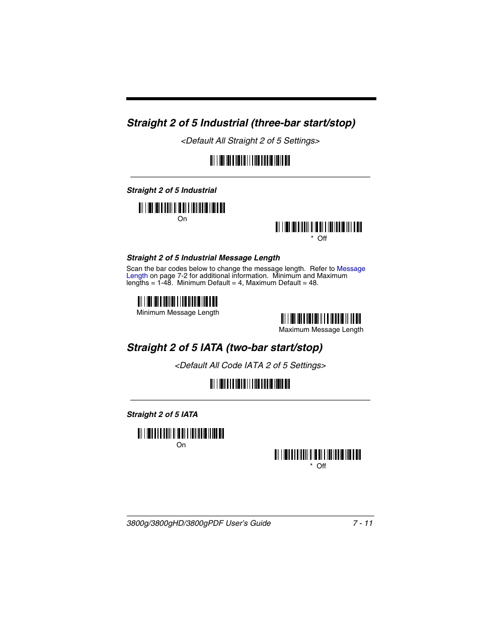 Straight 2 of 5 industrial message length, Straight 2 of 5 industrial message length -11, Straight 2 of 5 iata (two-bar start/stop) -11 | Straight 2 of 5 iata (two-bar start/stop), Straight 2 of 5 industrial (three-bar start/stop) | Honeywell 3800gPDF User Manual | Page 77 / 156