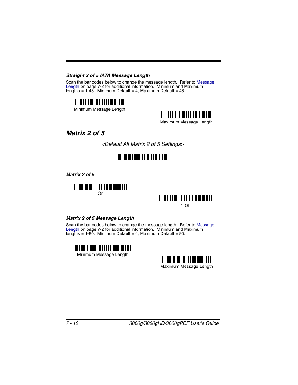 Straight 2 of 5 iata message length, Matrix 2 of 5 message length, Straight 2 of 5 iata message length -12 | Matrix 2 of 5 -12, Matrix 2 of 5 message length -12, Matrix 2 of 5 | Honeywell 3800gPDF User Manual | Page 78 / 156