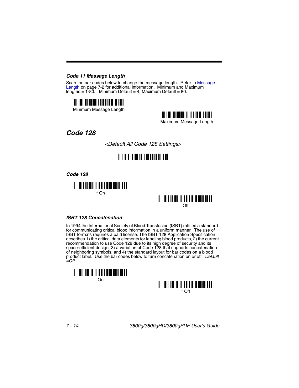 Code 11 message length, Isbt 128 concatenation, Code 11 message length -14 | Code 128 -14, Isbt 128 concatenation -14, Code 128 | Honeywell 3800gPDF User Manual | Page 80 / 156