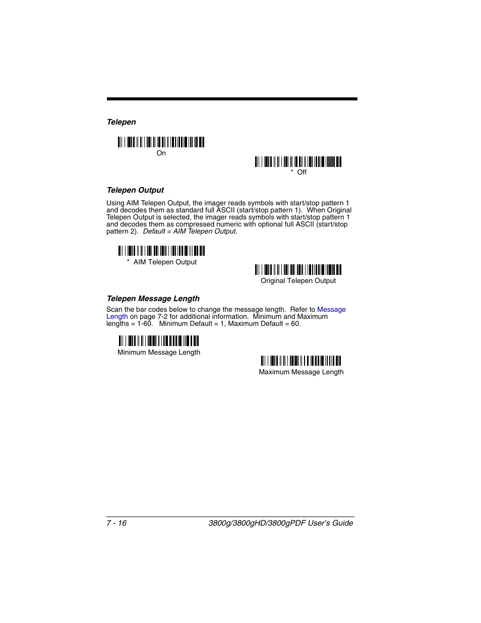 Telepen output, Telepen message length, Telepen output -16 telepen message length -16 | Honeywell 3800gPDF User Manual | Page 82 / 156