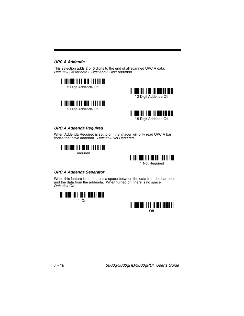 Upc a addenda, Upc a addenda required, Upc a addenda separator | Honeywell 3800gPDF User Manual | Page 84 / 156