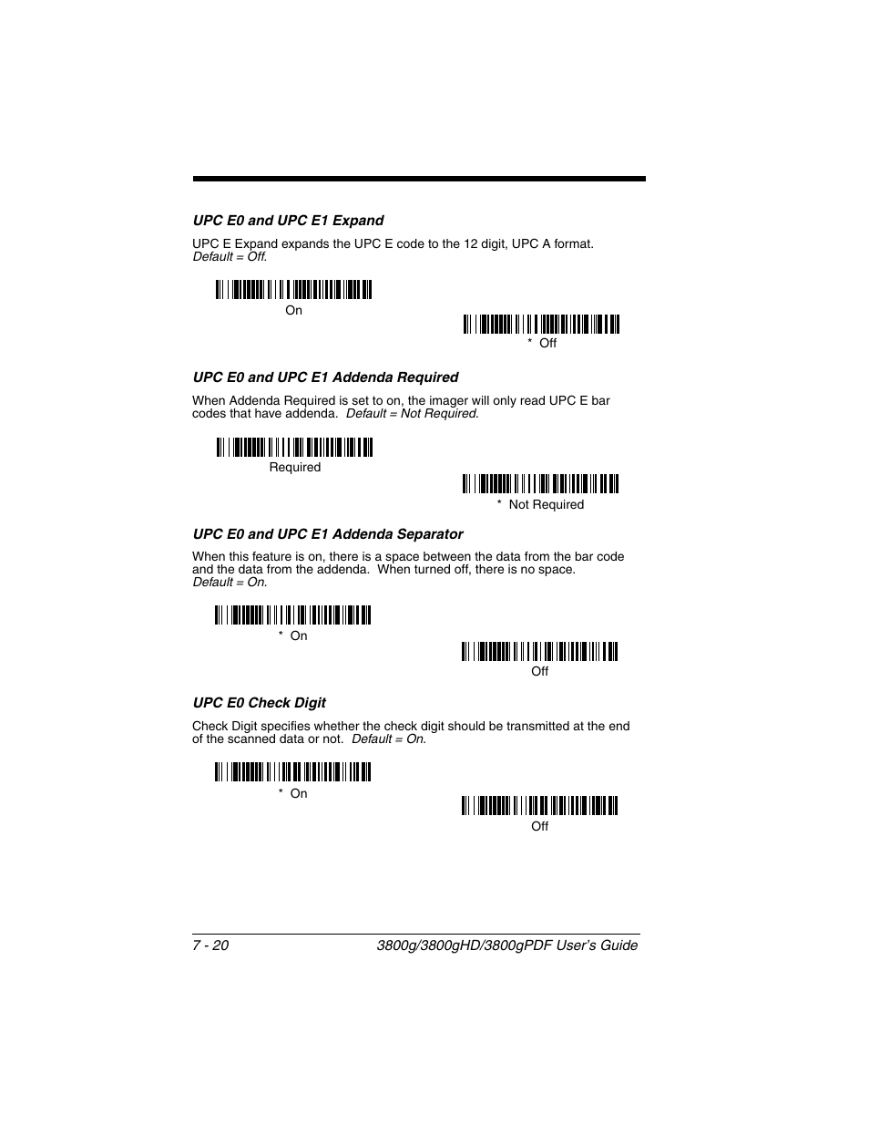 Upc e0 and upc e1 expand, Upc e0 and upc e1 addenda required, Upc e0 and upc e1 addenda separator | Upc e0 check digit | Honeywell 3800gPDF User Manual | Page 86 / 156
