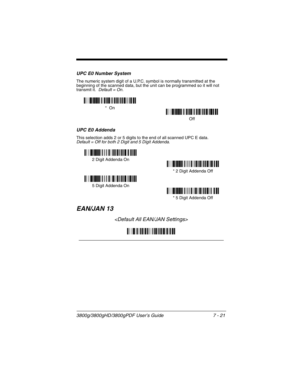 Upc e0 number system, Upc e0 addenda, Upc e0 number system -21 upc e0 addenda -21 | Ean/jan 13 -21, Ean/jan 13 | Honeywell 3800gPDF User Manual | Page 87 / 156