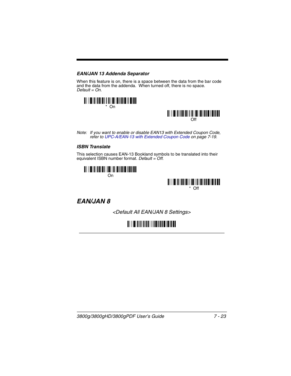 Ean/jan 13 addenda separator, Isbn translate, Ean/jan 8 -23 | Ean/jan 8 | Honeywell 3800gPDF User Manual | Page 89 / 156