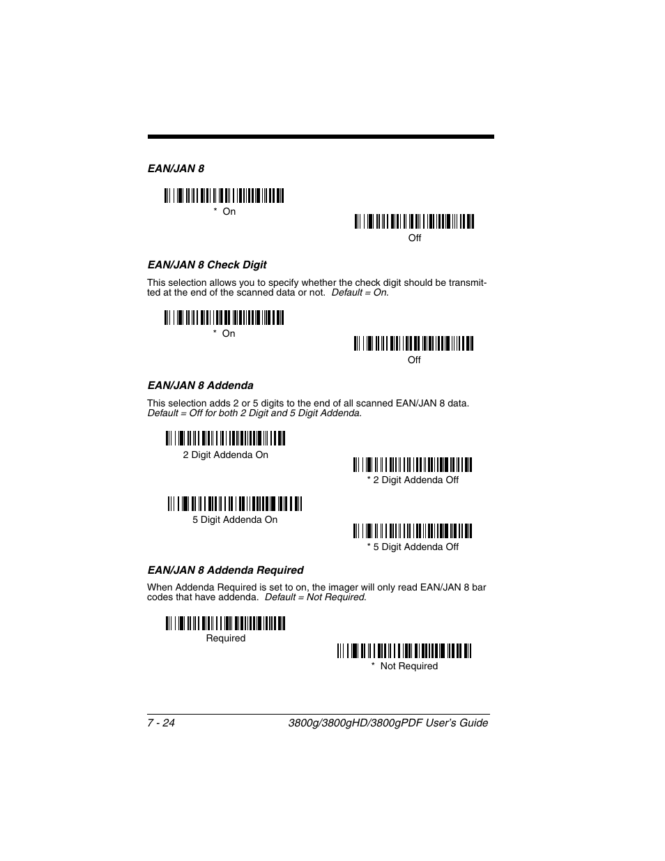 Ean/jan 8 check digit, Ean/jan 8 addenda, Ean/jan 8 addenda required | Honeywell 3800gPDF User Manual | Page 90 / 156