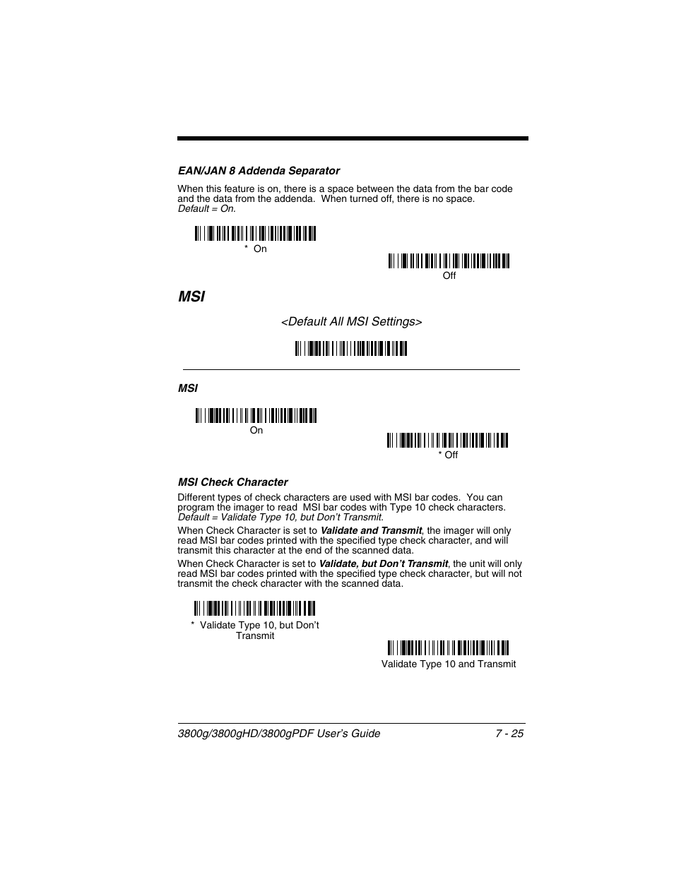 Ean/jan 8 addenda separator, Msi check character, Ean/jan 8 addenda separator -25 | Msi -25, Msi check character -25 | Honeywell 3800gPDF User Manual | Page 91 / 156