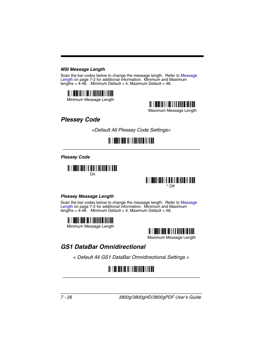 Msi message length, Plessey message length, Msi message length -26 | Plessey code -26, Plessey message length -26, Gs1 databar omnidirectional -26, Plessey code, Gs1 databar omnidirectional | Honeywell 3800gPDF User Manual | Page 92 / 156