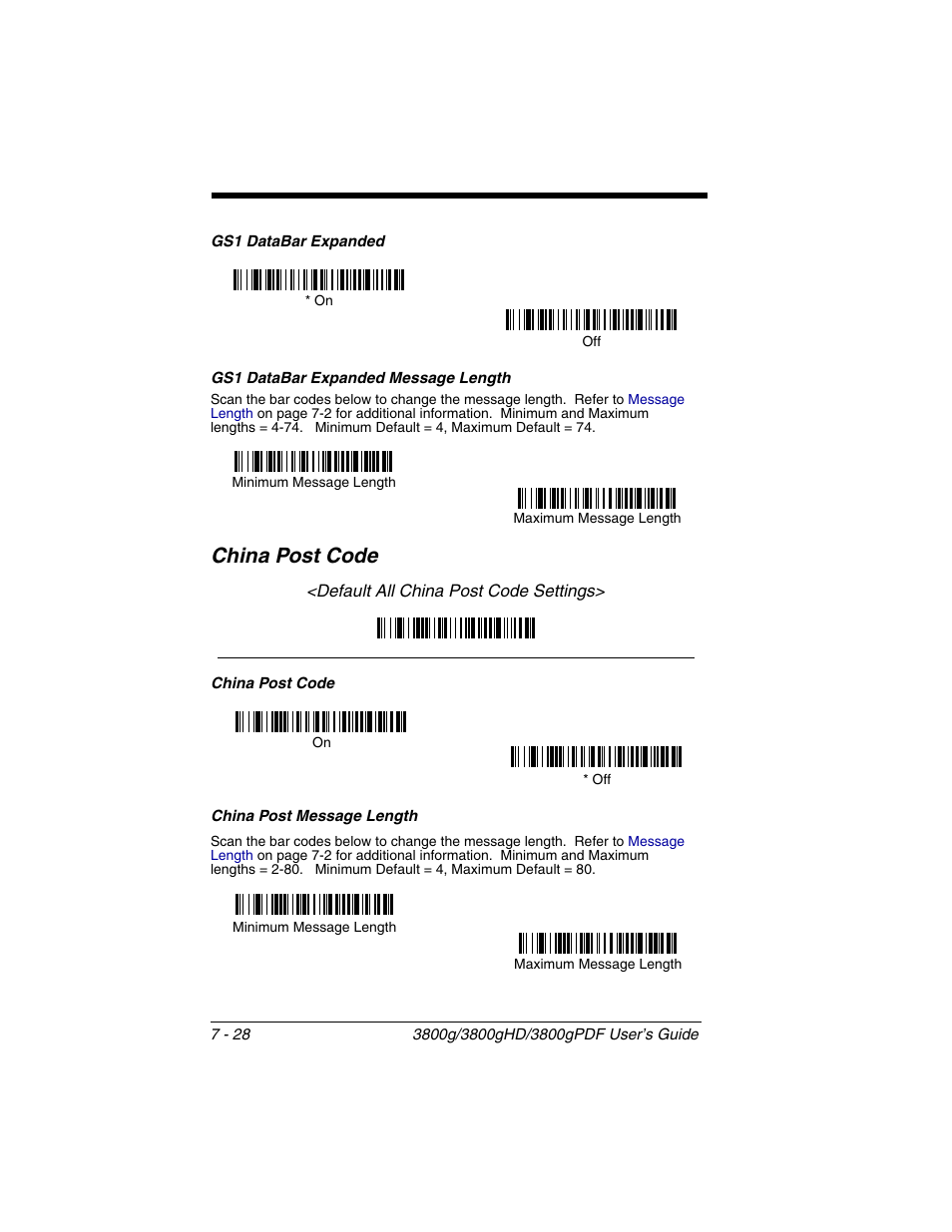 Gs1 databar expanded message length, Gs1 databar expanded message length -28, China post code -28 | China post code | Honeywell 3800gPDF User Manual | Page 94 / 156