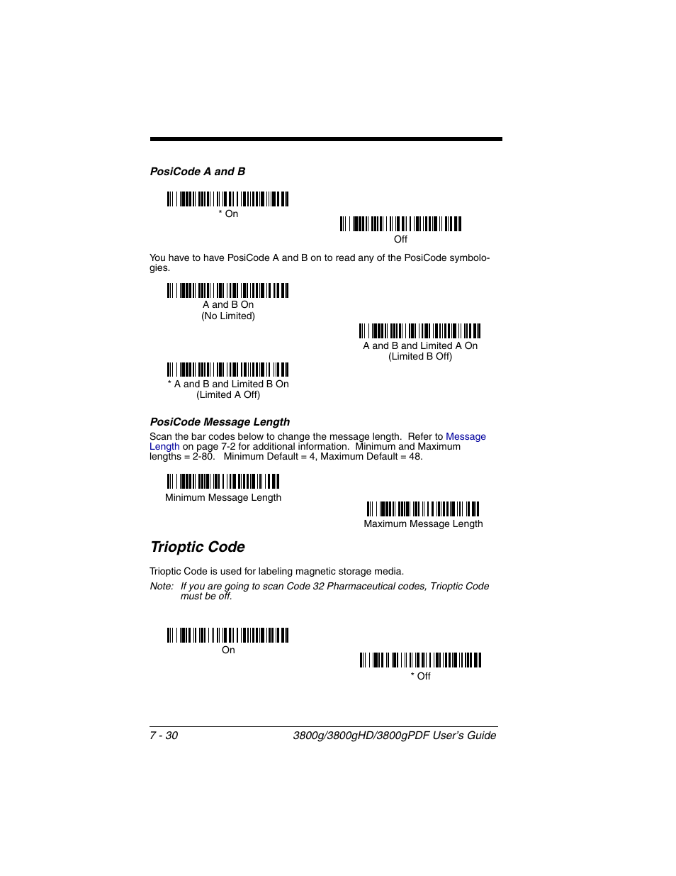 Posicode message length, Posicode message length -30, Trioptic code -30 | Trioptic code | Honeywell 3800gPDF User Manual | Page 96 / 156