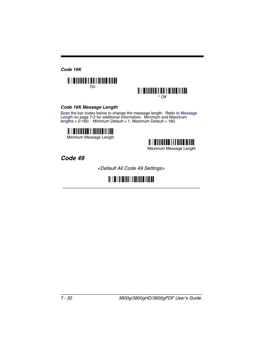 Code 16k message length, Code 16k message length -32, Code 49 -32 | Code 49 | Honeywell 3800gPDF User Manual | Page 98 / 156