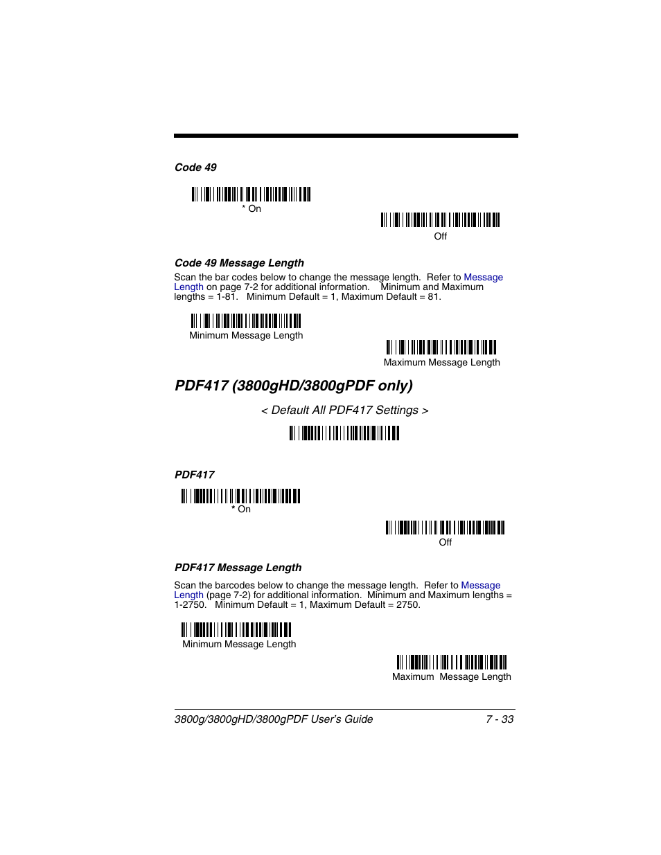 Code 49 message length, Pdf417 message length, Code 49 message length -33 | Pdf417 (3800ghd/3800gpdf only) -33, Pdf417 message length -33, Pdf417 (3800ghd/ 3800gpdf only) | Honeywell 3800gPDF User Manual | Page 99 / 156