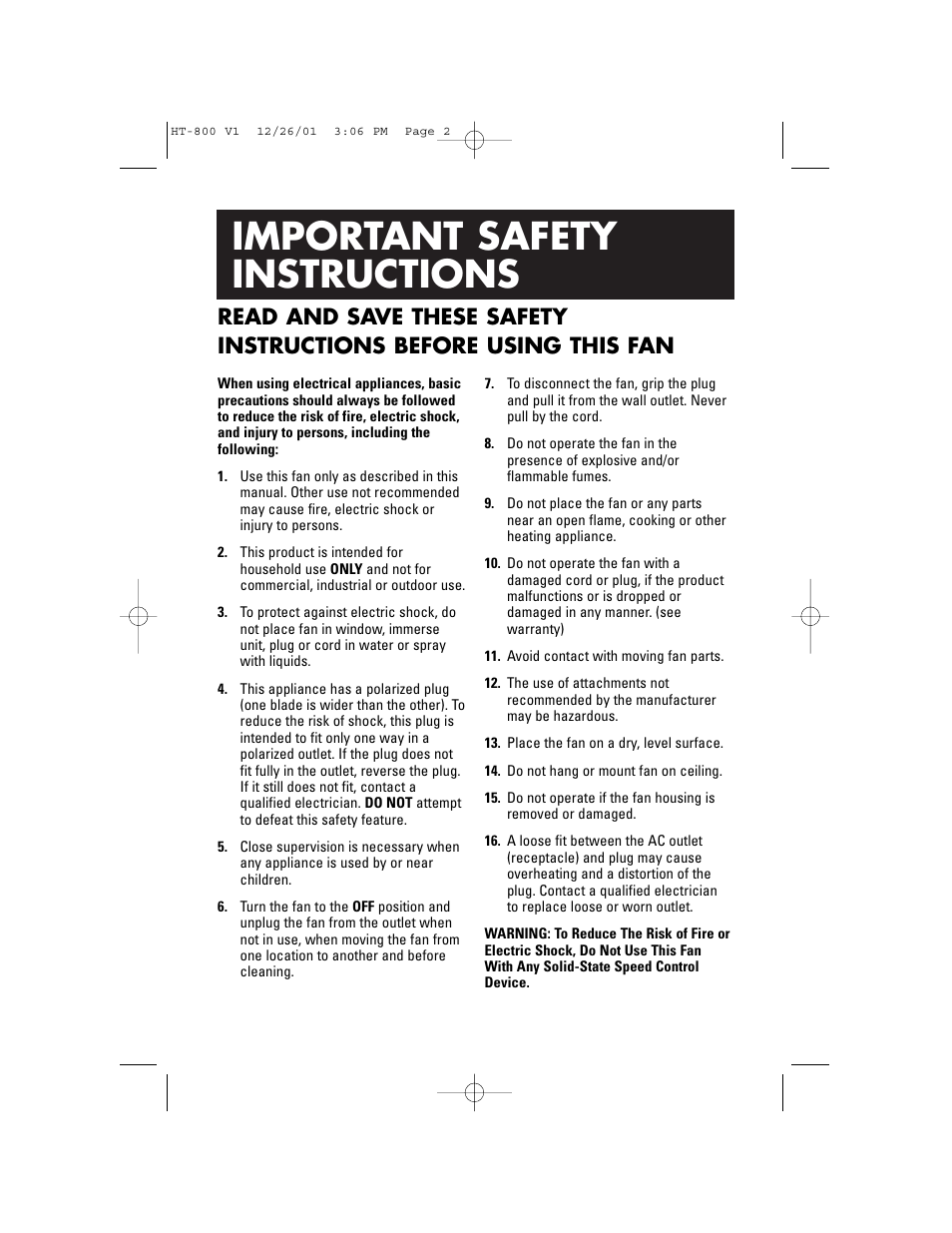 Important safety instructions | Honeywell HT-800C User Manual | Page 2 / 16