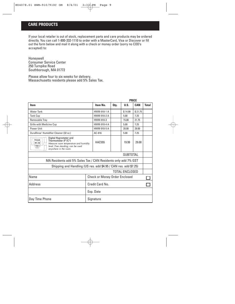 Care products | Honeywell HWM-910 Series User Manual | Page 10 / 36