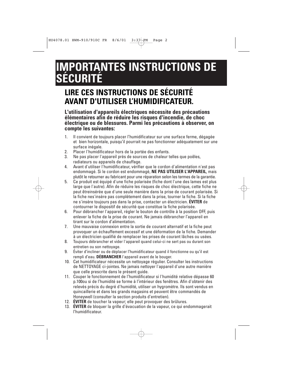 Importantes instructions de sécurité | Honeywell HWM-910 Series User Manual | Page 14 / 36