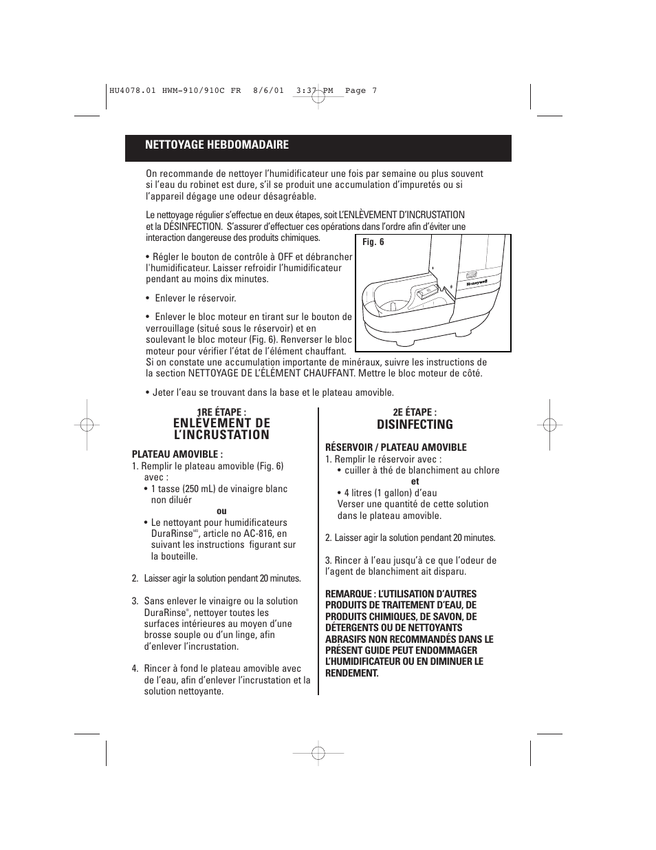 Enlèvement de l’incrustation, Disinfecting | Honeywell HWM-910 Series User Manual | Page 20 / 36