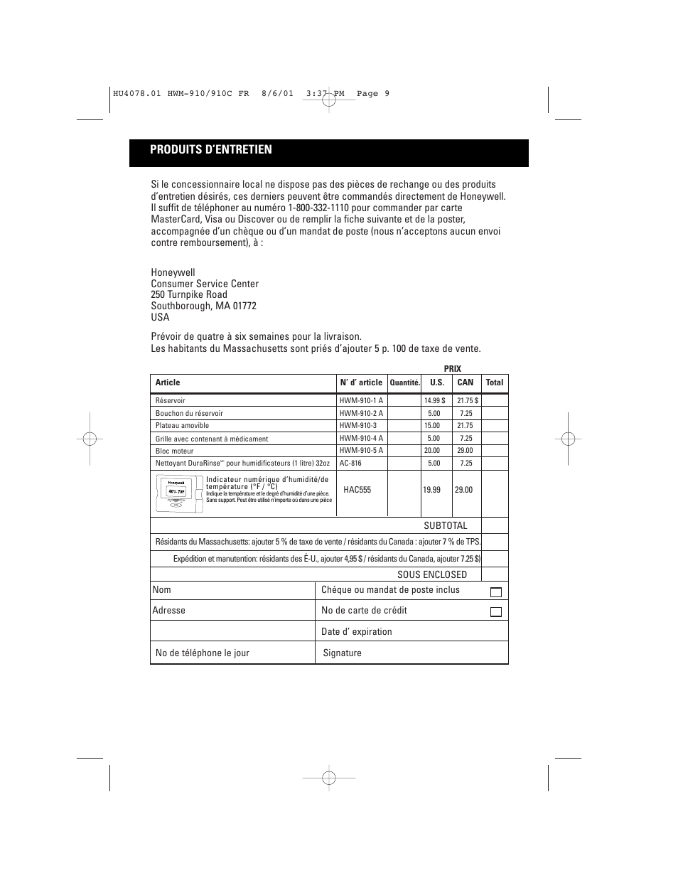 Produits d’entretien | Honeywell HWM-910 Series User Manual | Page 22 / 36