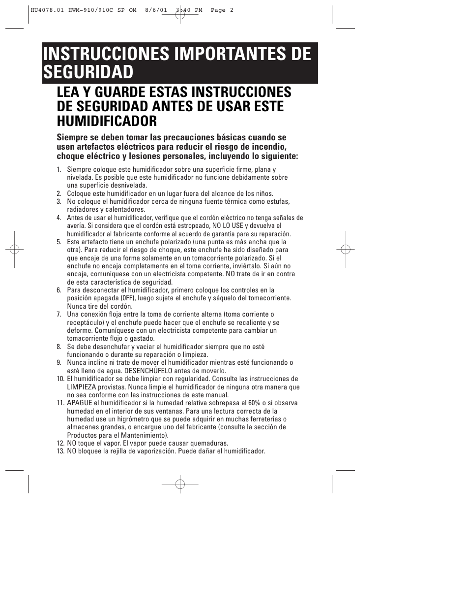 Instrucciones importantes de seguridad | Honeywell HWM-910 Series User Manual | Page 27 / 36