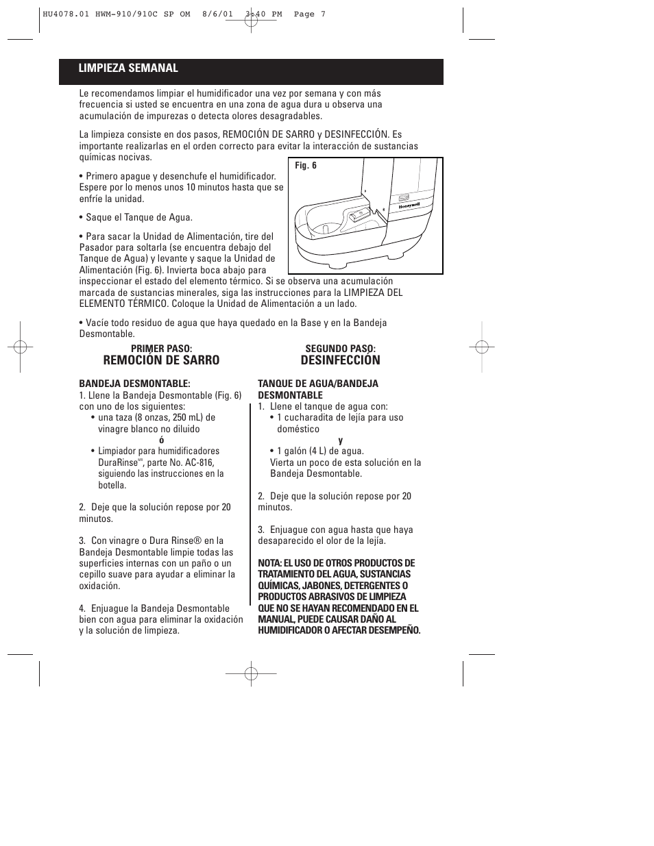 Remoción de sarro, Desinfección | Honeywell HWM-910 Series User Manual | Page 32 / 36