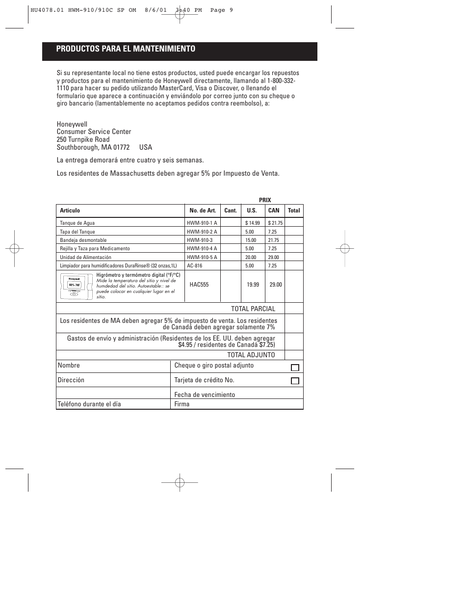 Productos para el mantenimiento | Honeywell HWM-910 Series User Manual | Page 34 / 36
