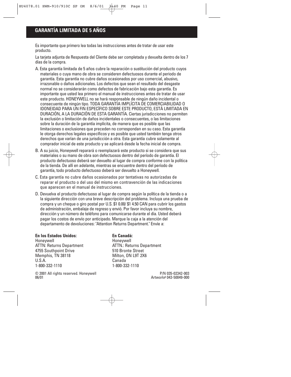 Honeywell HWM-910 Series User Manual | Page 36 / 36