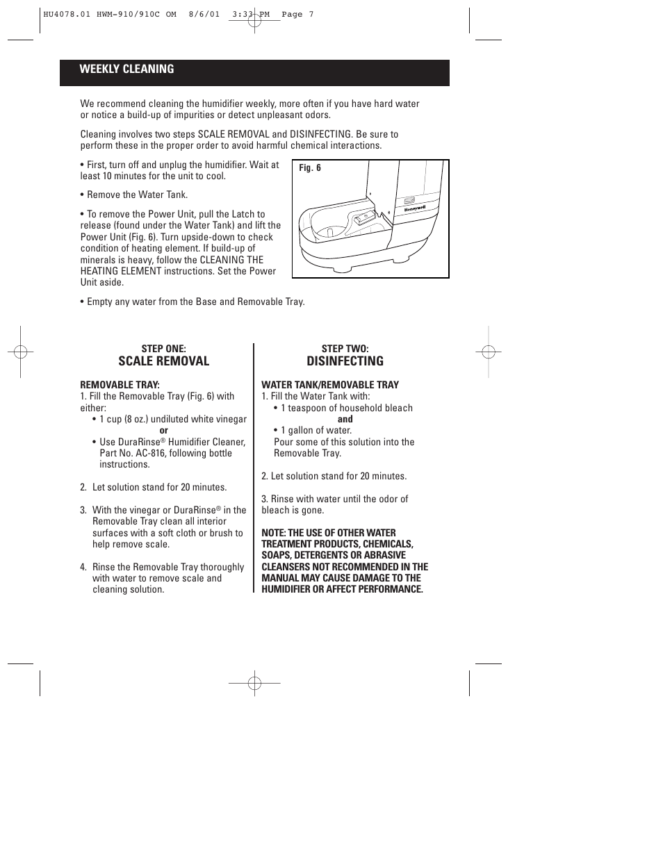 Scale removal, Disinfecting | Honeywell HWM-910 Series User Manual | Page 8 / 36
