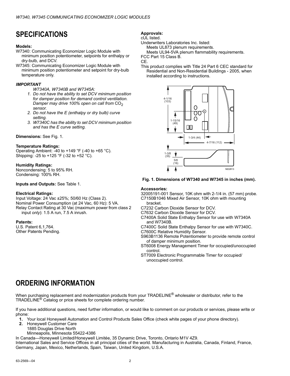 Specifications, Ordering information | Honeywell W7340 User Manual | Page 2 / 12