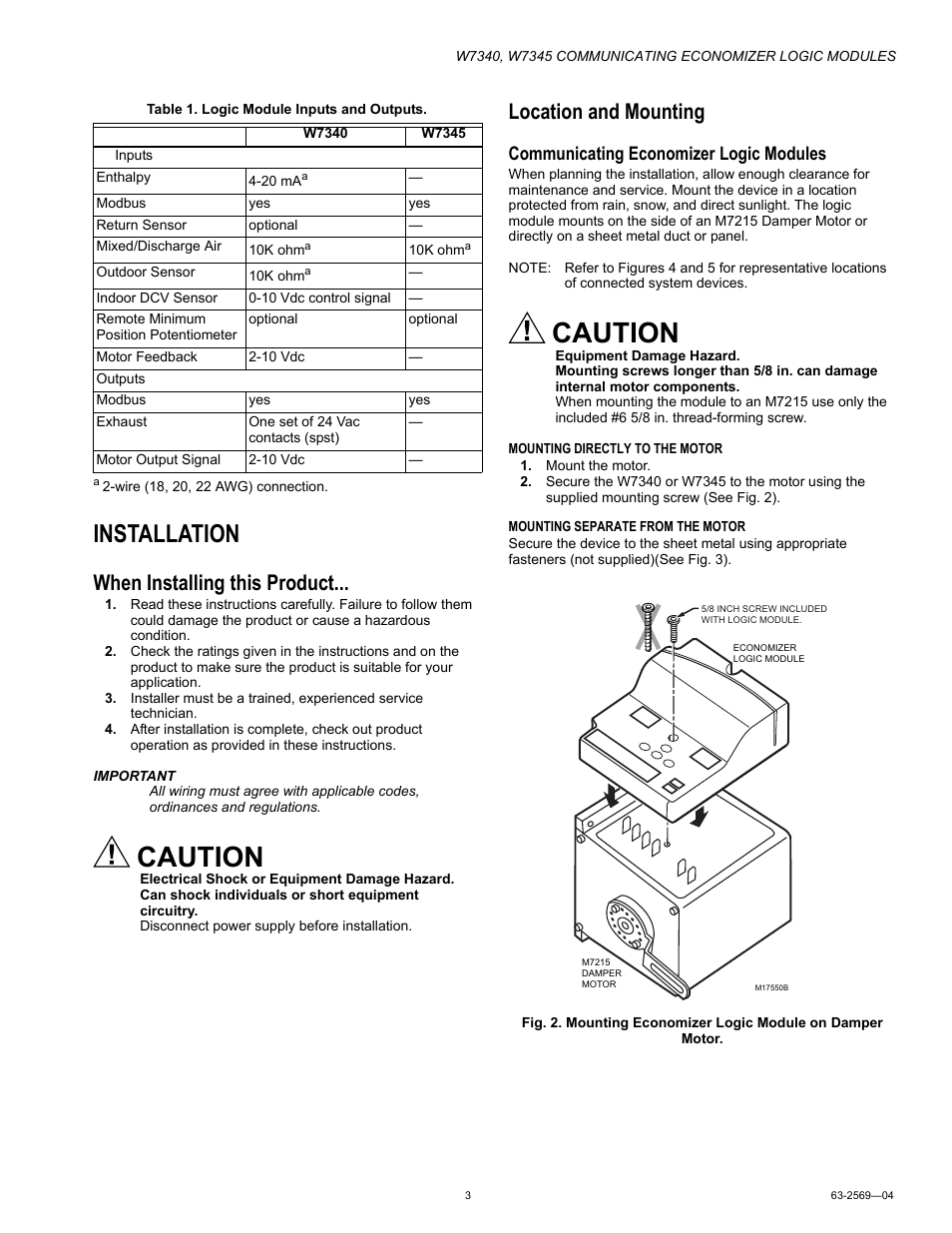 Installation, When installing this product, Location and mounting | Communicating economizer logic modules, Mounting directly to the motor, Mounting separate from the motor, Caution | Honeywell W7340 User Manual | Page 3 / 12