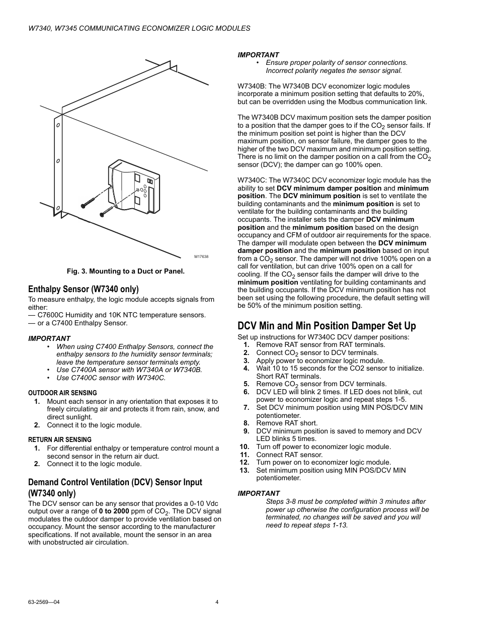 Enthalpy sensor (w7340 only), Outdoor air sensing, Return air sensing | Dcv min and min position damper set up | Honeywell W7340 User Manual | Page 4 / 12