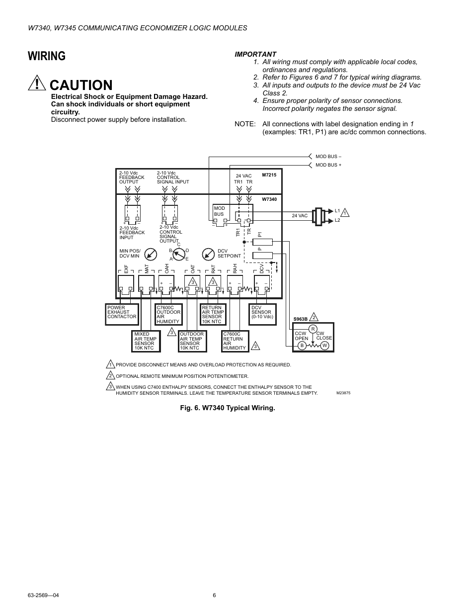Wiring, Caution | Honeywell W7340 User Manual | Page 6 / 12