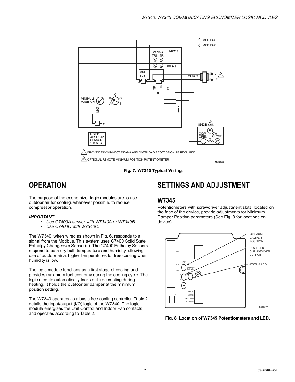 Operation, Settings and adjustment, W7345 | Honeywell W7340 User Manual | Page 7 / 12