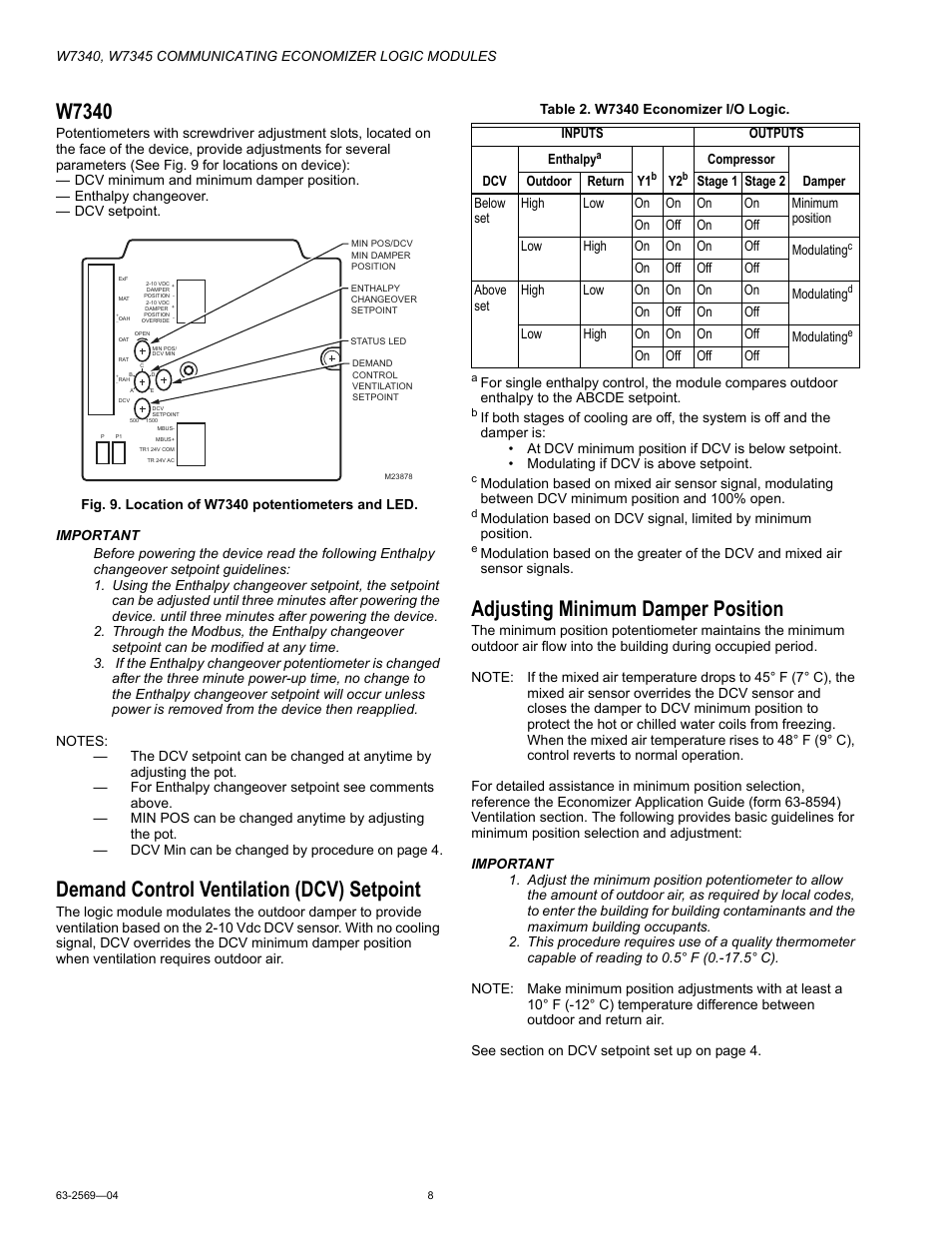 W7340, Demand control ventilation (dcv) setpoint, Adjusting minimum damper position | Honeywell W7340 User Manual | Page 8 / 12