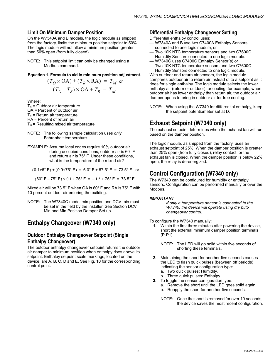 Limit on minimum damper position, Enthalpy changeover (w7340 only), Differential enthalpy changeover setting | Exhaust setpoint (w7340 only), Control configuration (w7340 only) | Honeywell W7340 User Manual | Page 9 / 12