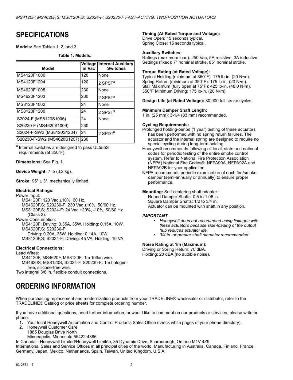 Specifications, Ordering information | Honeywell S20230-F User Manual | Page 2 / 12