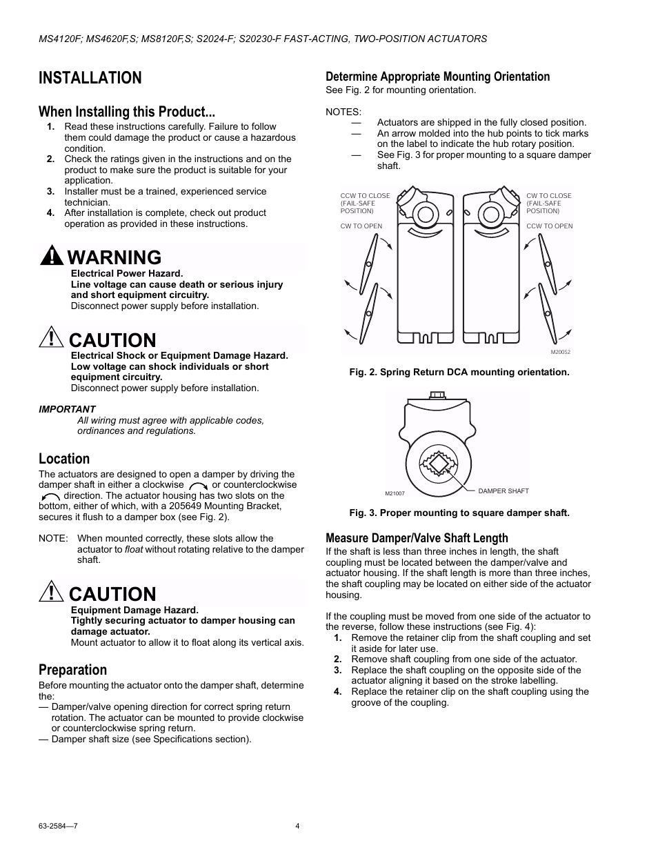 Installation, When installing this product, Location | Preparation, Warning, Caution, Determine appropriate mounting orientation, Measure damper/valve shaft length | Honeywell S20230-F User Manual | Page 4 / 12