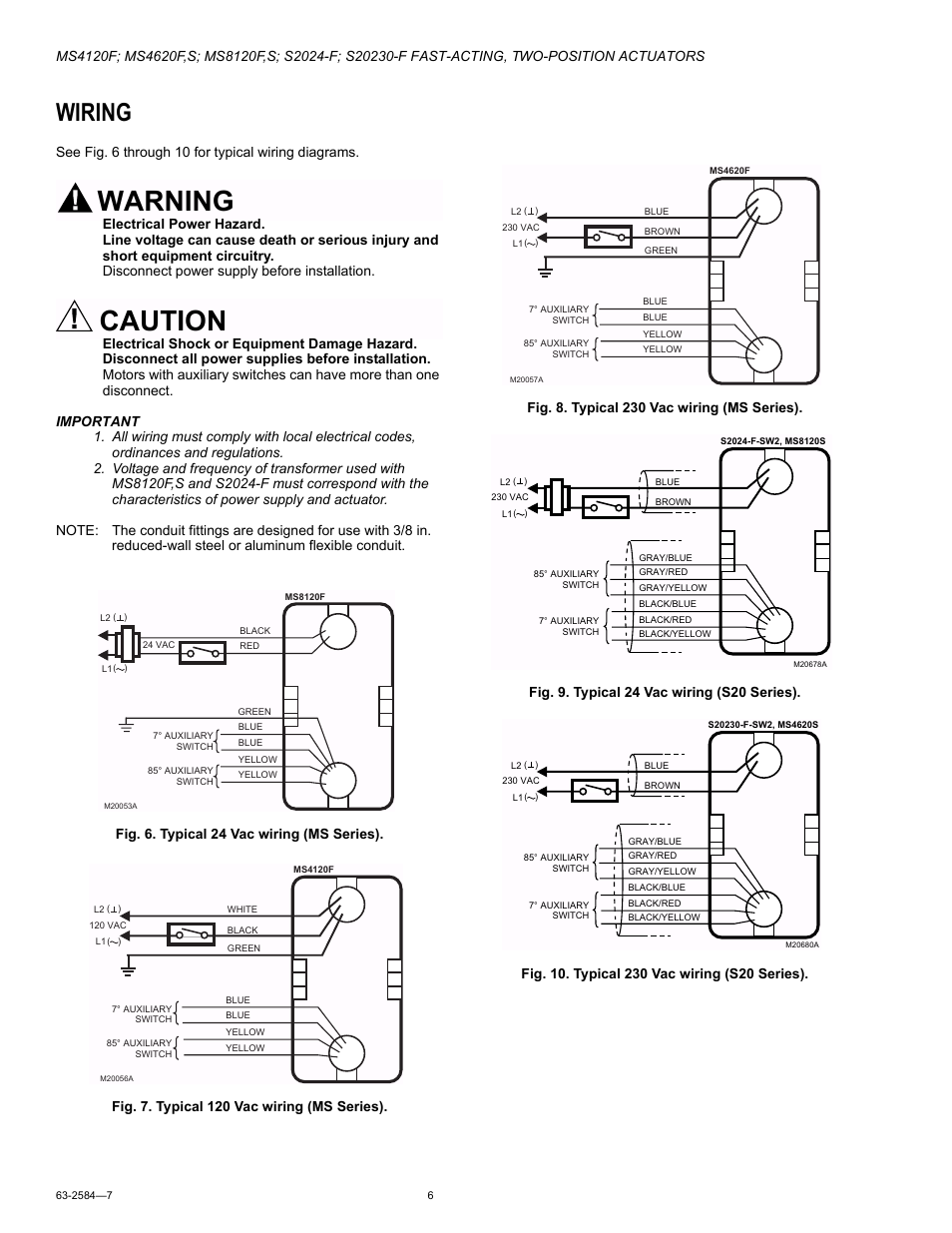 Wiring, Warning, Caution | Honeywell S20230-F User Manual | Page 6 / 12