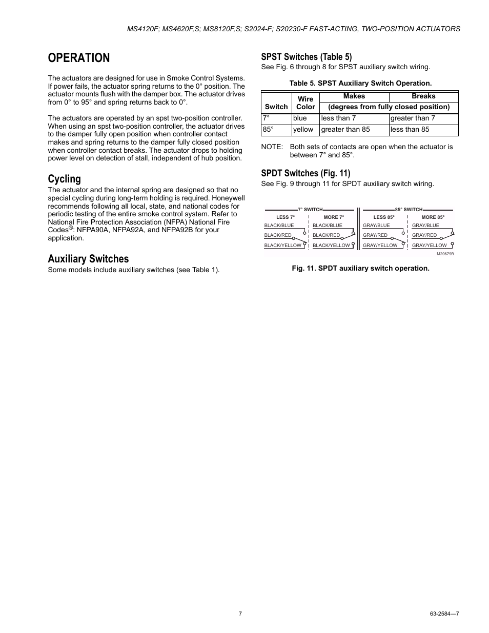 Operation, Cycling, Auxiliary switches | Spst switches (table 5), Spdt switches (fig. 11 ) | Honeywell S20230-F User Manual | Page 7 / 12