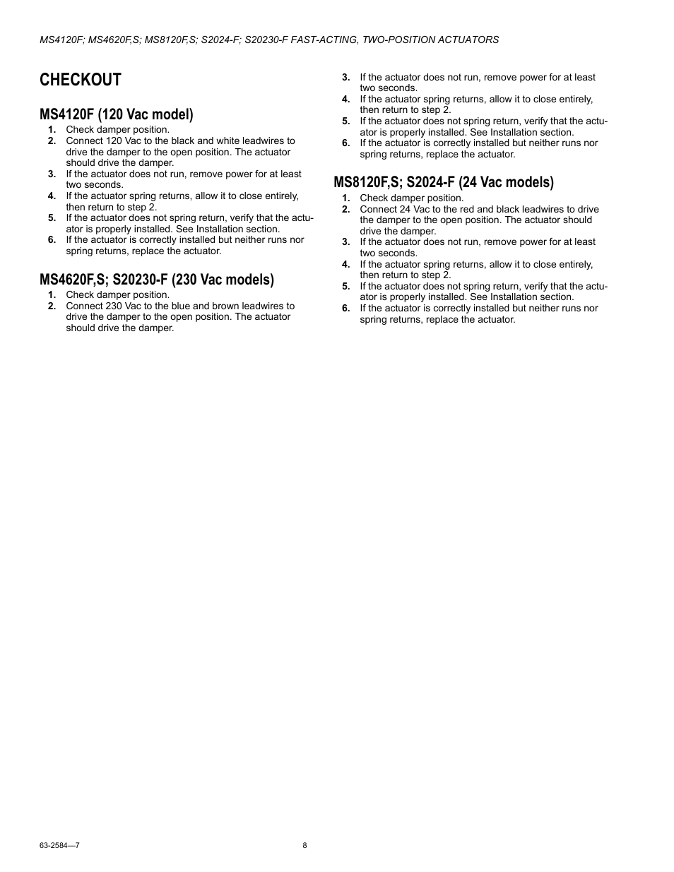Checkout, Ms4120f (120 vac model), Ms4620f,s; s20230-f (230 vac models) | Ms8120f,s; s2024-f (24 vac models) | Honeywell S20230-F User Manual | Page 8 / 12
